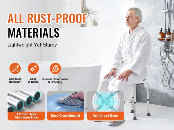 VEVOR shower chair made of rust-proof materials, featuring a sturdy aluminum tube, easy-clean material.