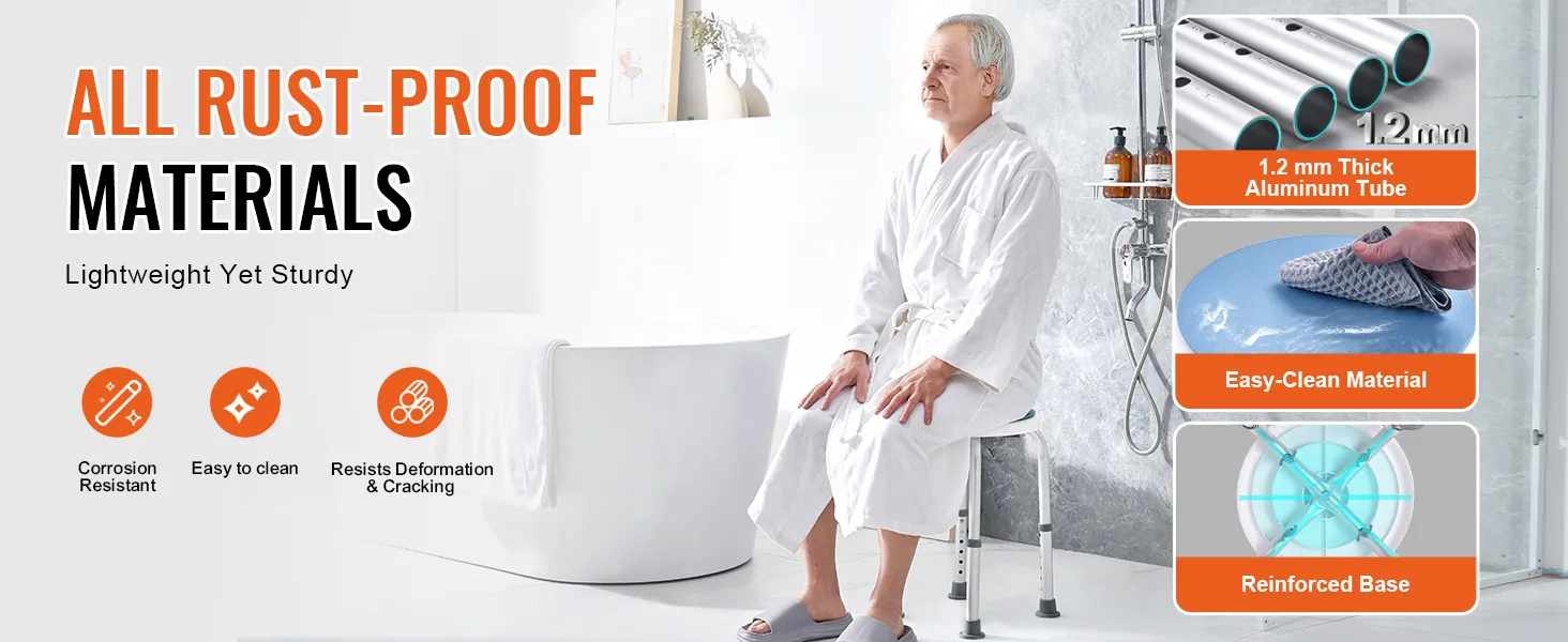 VEVOR shower chair made of rust-proof materials, featuring a sturdy aluminum tube, easy-clean material.