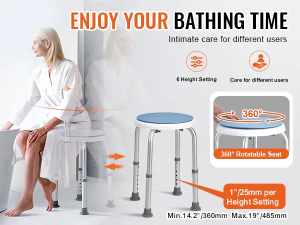 VEVOR shower chair with 6 height settings and 360° rotatable seat for easy bathing assistance.