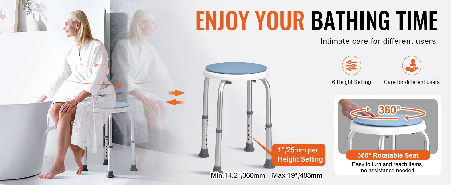 VEVOR shower chair with 6 height settings and 360° rotatable seat for easy bathing assistance.