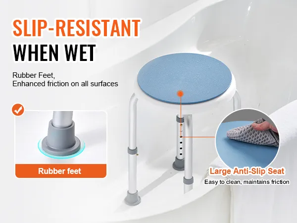 slip-resistant VEVOR shower chair with rubber feet and large anti-slip seat for safe bathing.