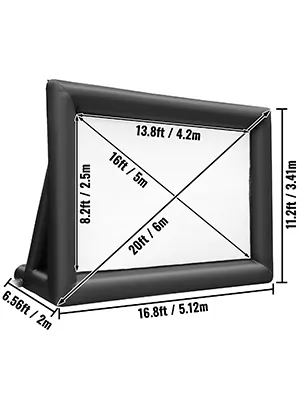 Gran pantalla de cine inflable VEVOR con dimensiones detalladas de alto y ancho.
