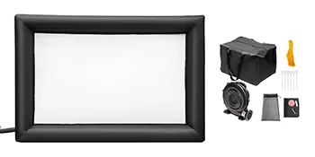Pantalla de cine inflable VEVOR con accesorios que incluyen soplador, estacas y bolsa.