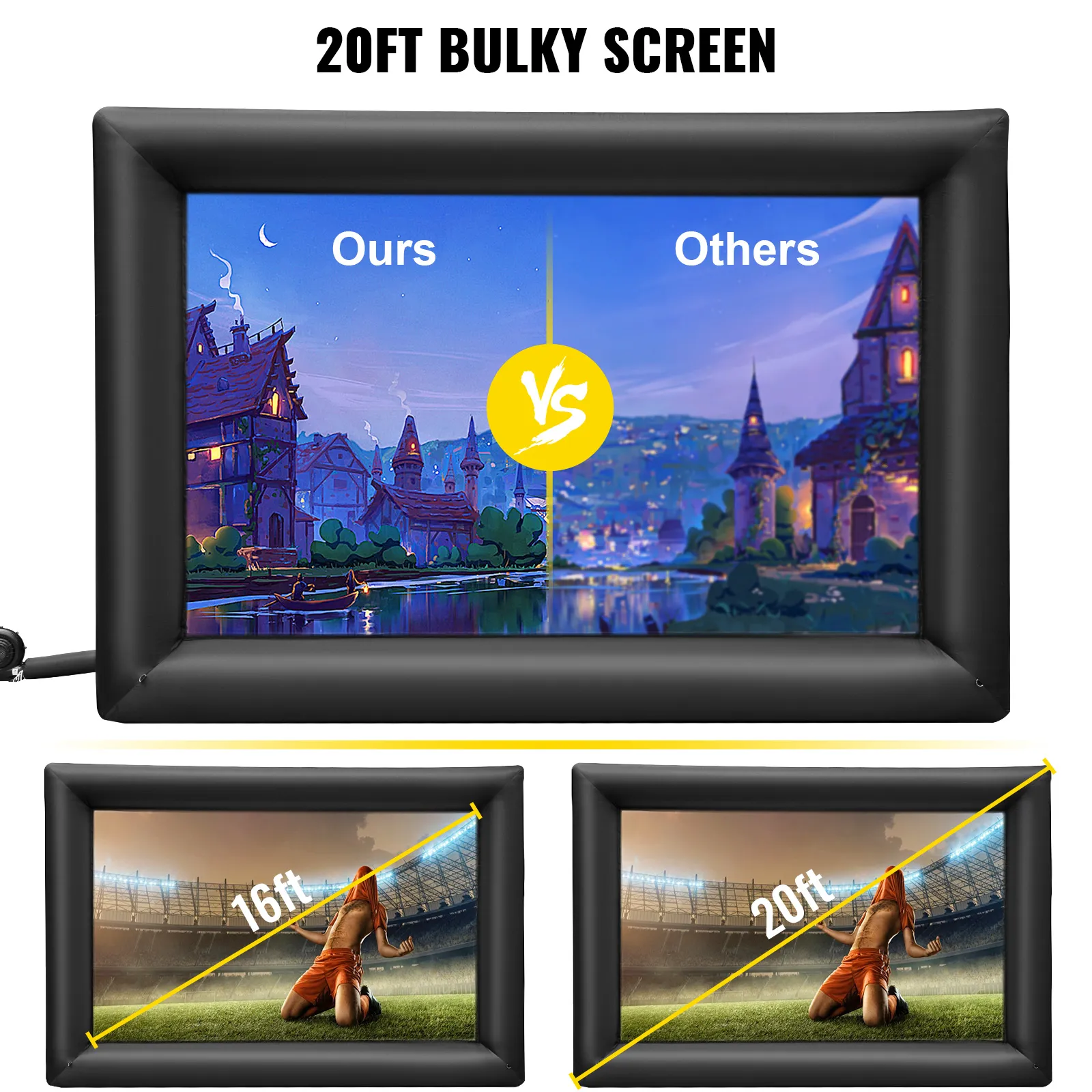 Pantalla de cine inflable VEVOR que muestra imágenes de 20 pies, 16 pies y de comparación.