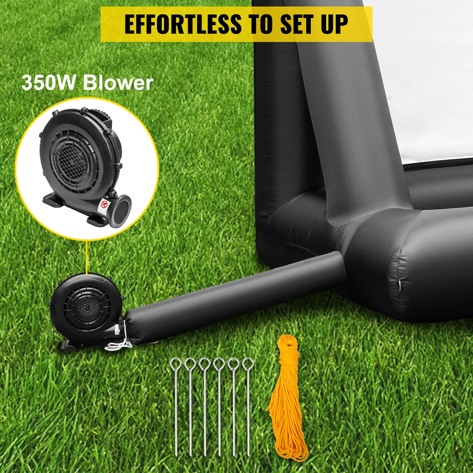 Instalación sin esfuerzo de pantalla de cine inflable VEVOR con soplador de 350 W, estacas y cuerda.