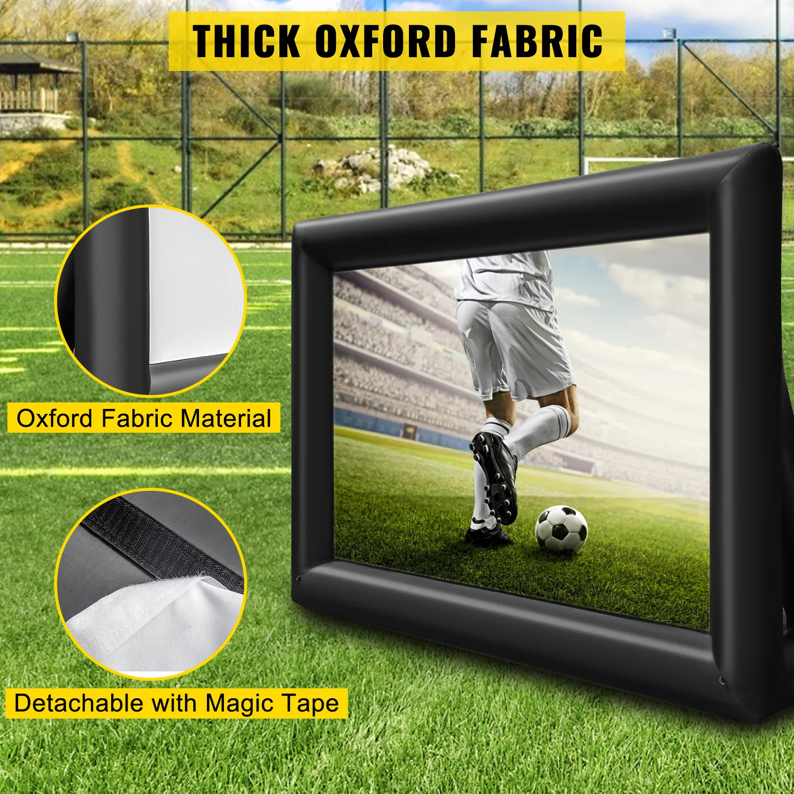 Pantalla de cine inflable VEVOR con tela oxford gruesa en campo de fútbol.