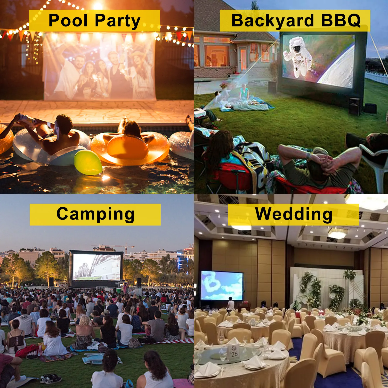 Pantalla de cine inflable VEVOR utilizada en fiestas en la piscina, barbacoas en el patio, campamentos y bodas.