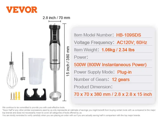 Batidora de inmersión VEVOR con batidor y vaso medidor, potencia 500w, 12 marchas, modelo enchufable.
