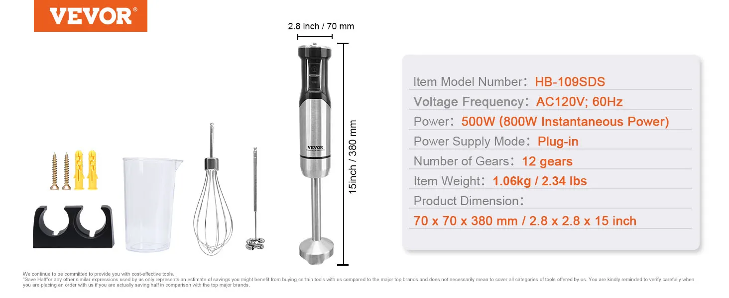 Batidora de inmersión VEVOR con batidor y vaso medidor, potencia 500w, 12 marchas, modelo enchufable.