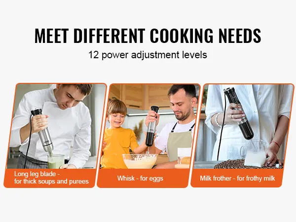 La licuadora de inmersión VEVOR ofrece 12 niveles de potencia para sopas, huevos y leche espumosa.
