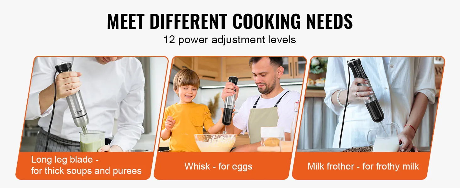 La licuadora de inmersión VEVOR ofrece 12 niveles de potencia para sopas, huevos y leche espumosa.