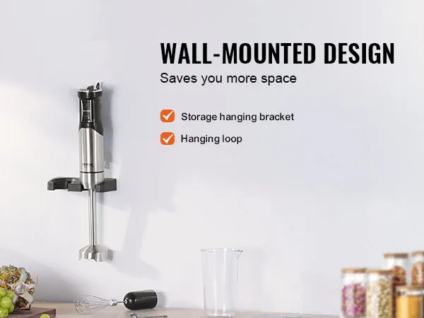 Licuadora de inmersión VEVOR con diseño de montaje en pared, soporte para colgar y lazo para colgar.