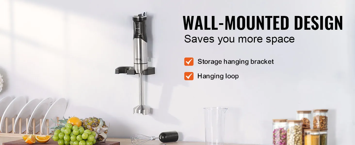 Licuadora de inmersión VEVOR con diseño de montaje en pared, soporte para colgar y lazo para colgar.