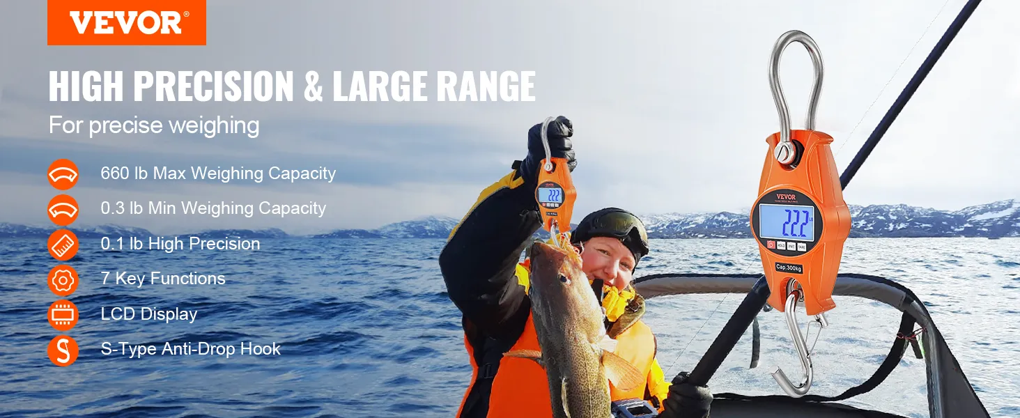 VEVOR digital crane scale showcasing 660lb capacity, lcd display, and high precision in fishing scenario.