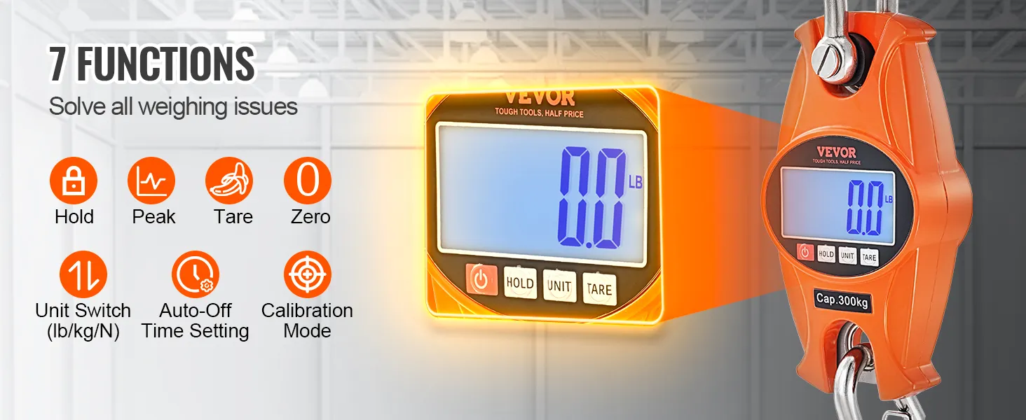 VEVOR digital crane scale with 7 functions, large display, and 300kg capacity for accurate weighing.