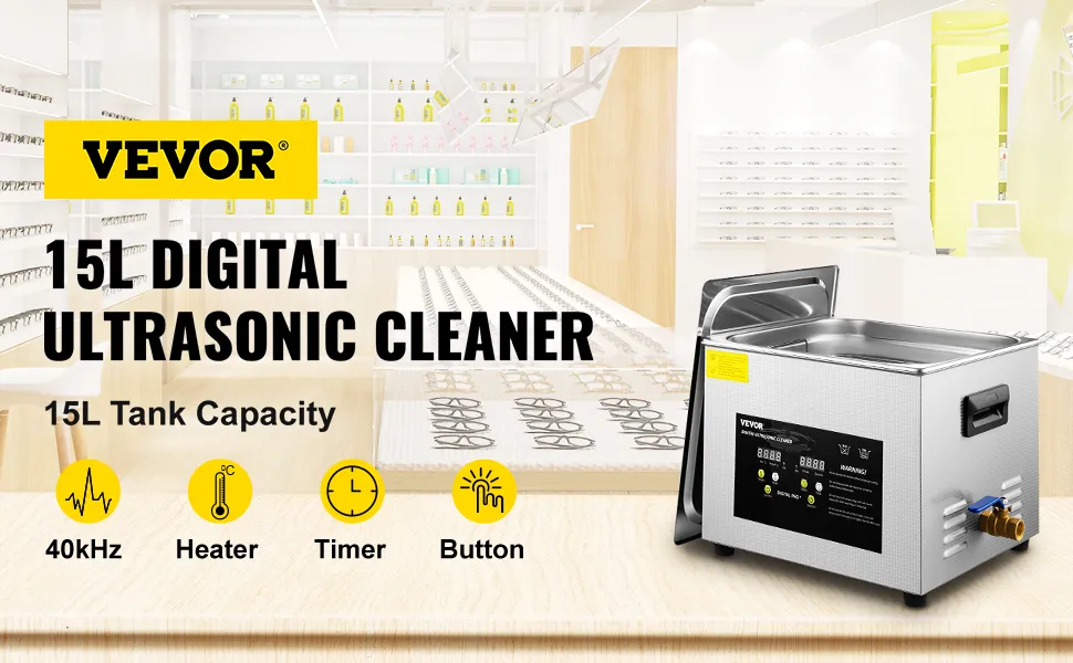 Pulitore a ultrasuoni VEVOR da 15 l digitale con 40 kHz, riscaldatore, timer e pulsanti di controllo.