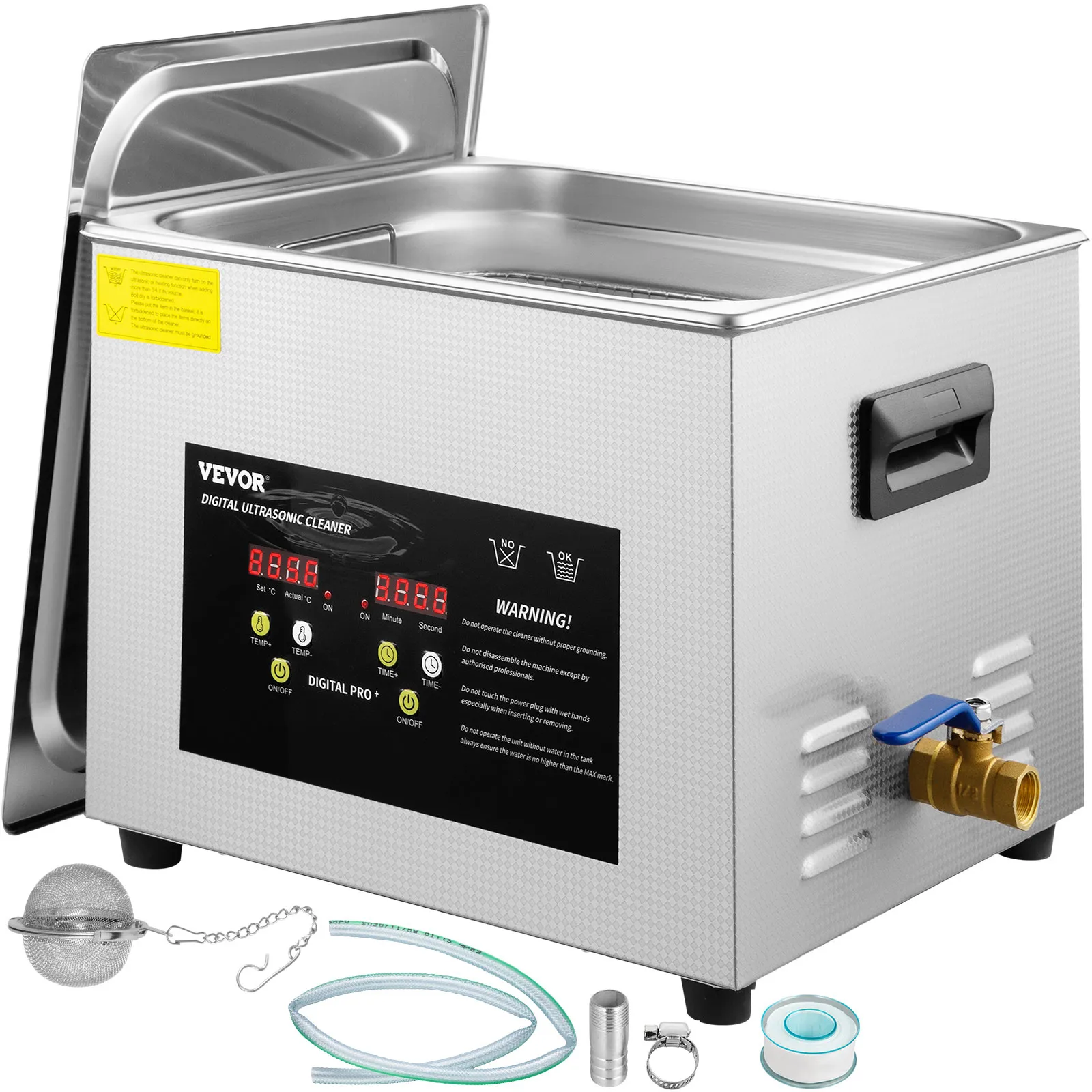 Pulitore ad ultrasuoni VEVOR con display digitale e set di accessori.