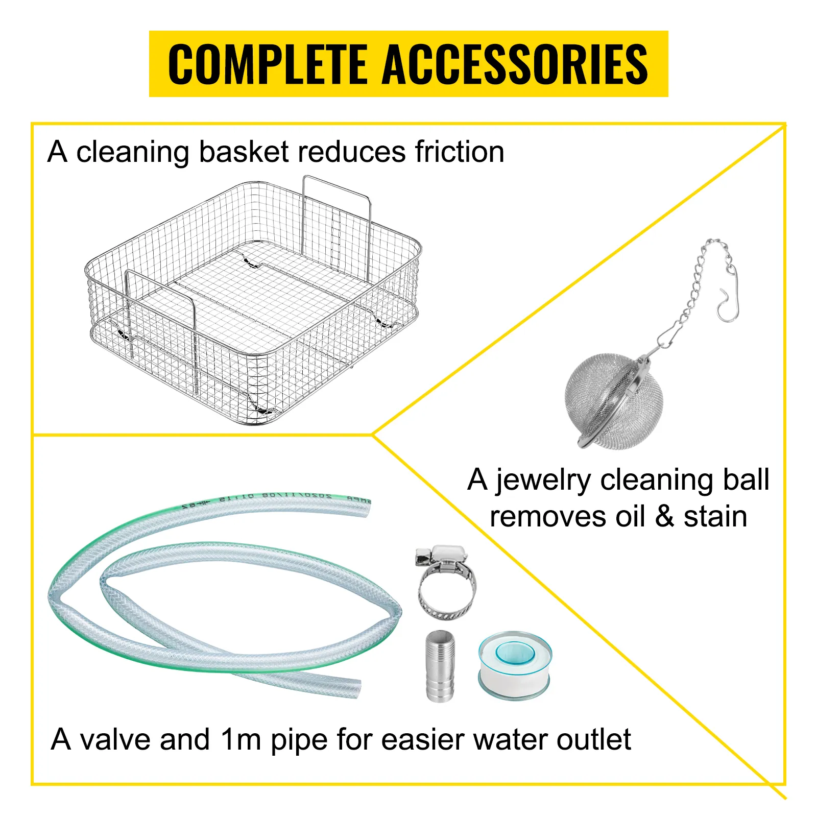 set completo di accessori per pulitori a ultrasuoni VEVOR: cestello, sfera di pulizia, valvola e tubo.