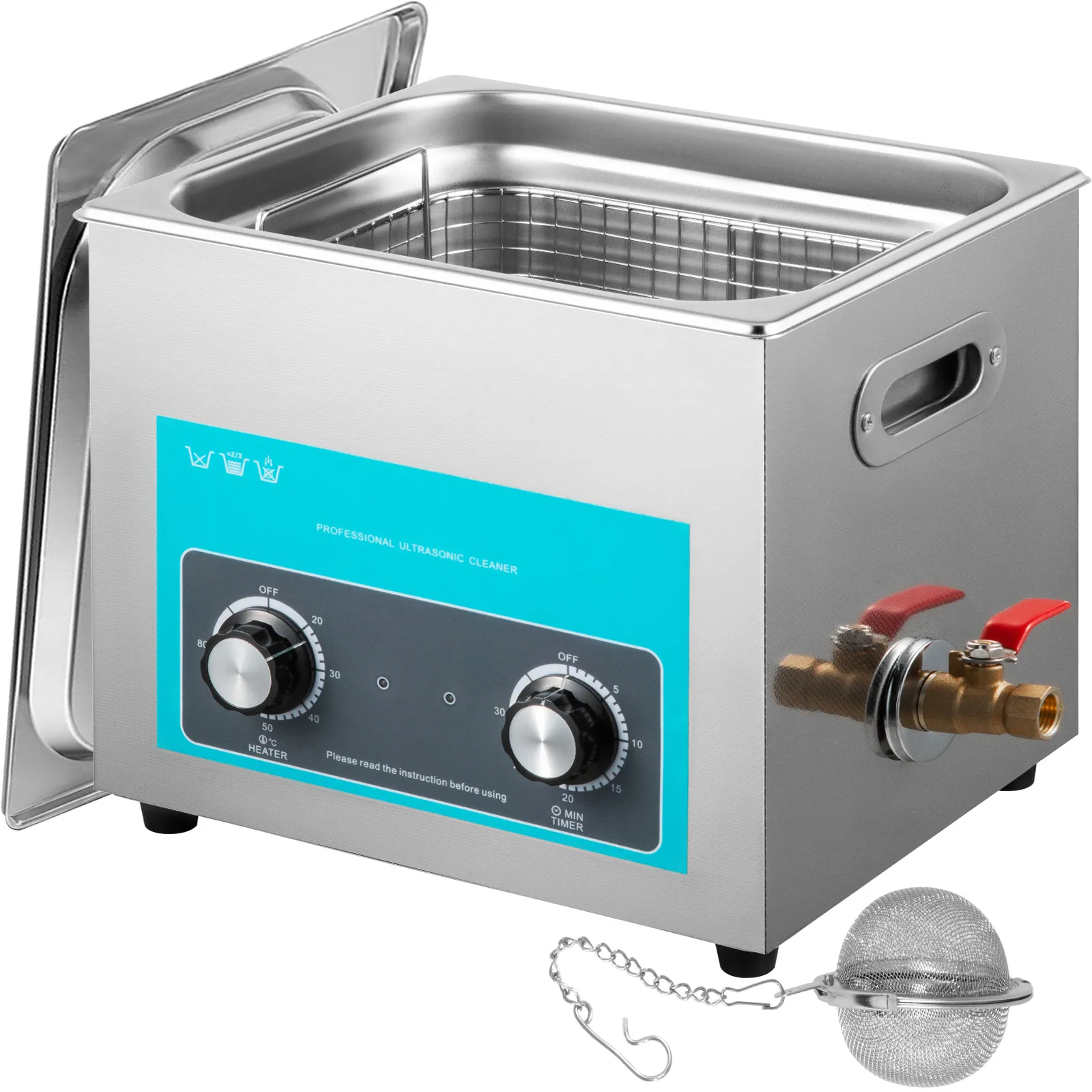 VEVOR ultrasoonreiniger met roestvrijstalen tank, verwarming, timer en netsnoer.