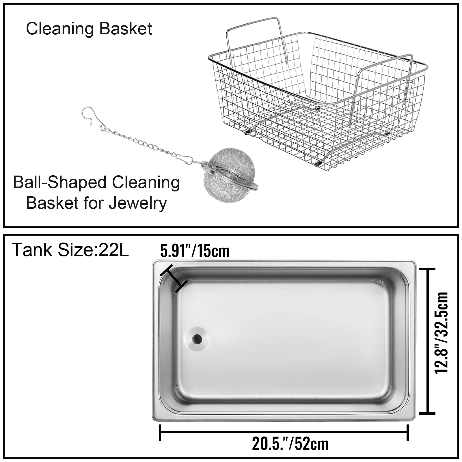 VEVOR ultrasonic cleaner with wire basket, jewelry ball, and 22l tank size dimensions.