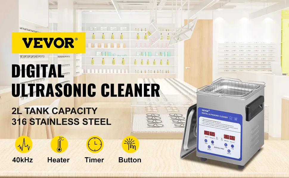Limpiador ultrasónico VEVOR con tanque de 2l, acero inoxidable 316, 40khz, calentador, temporizador y botón.