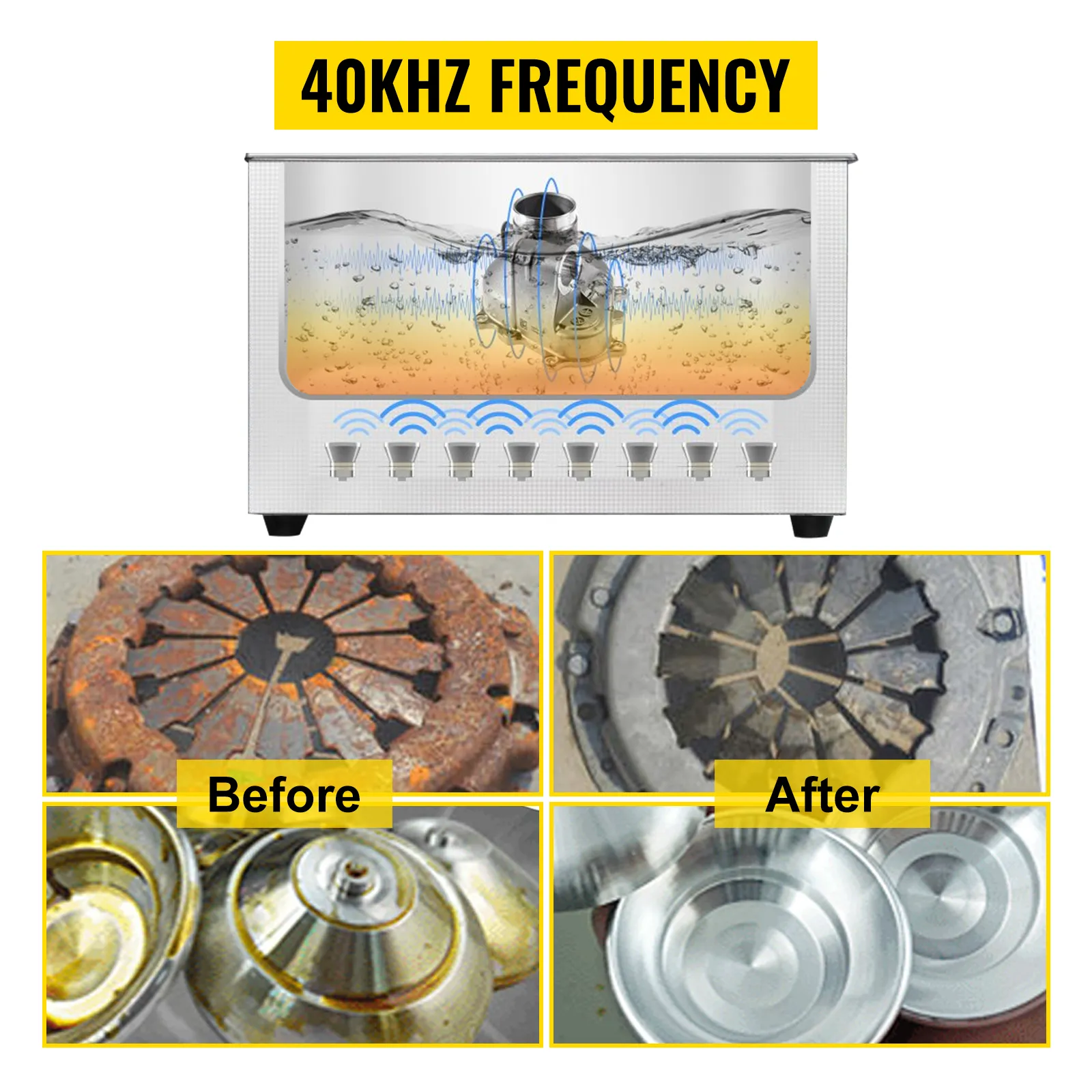 Limpiador ultrasónico VEVOR que presenta una frecuencia de 40 kHz y resultados de limpieza efectivos antes y después.