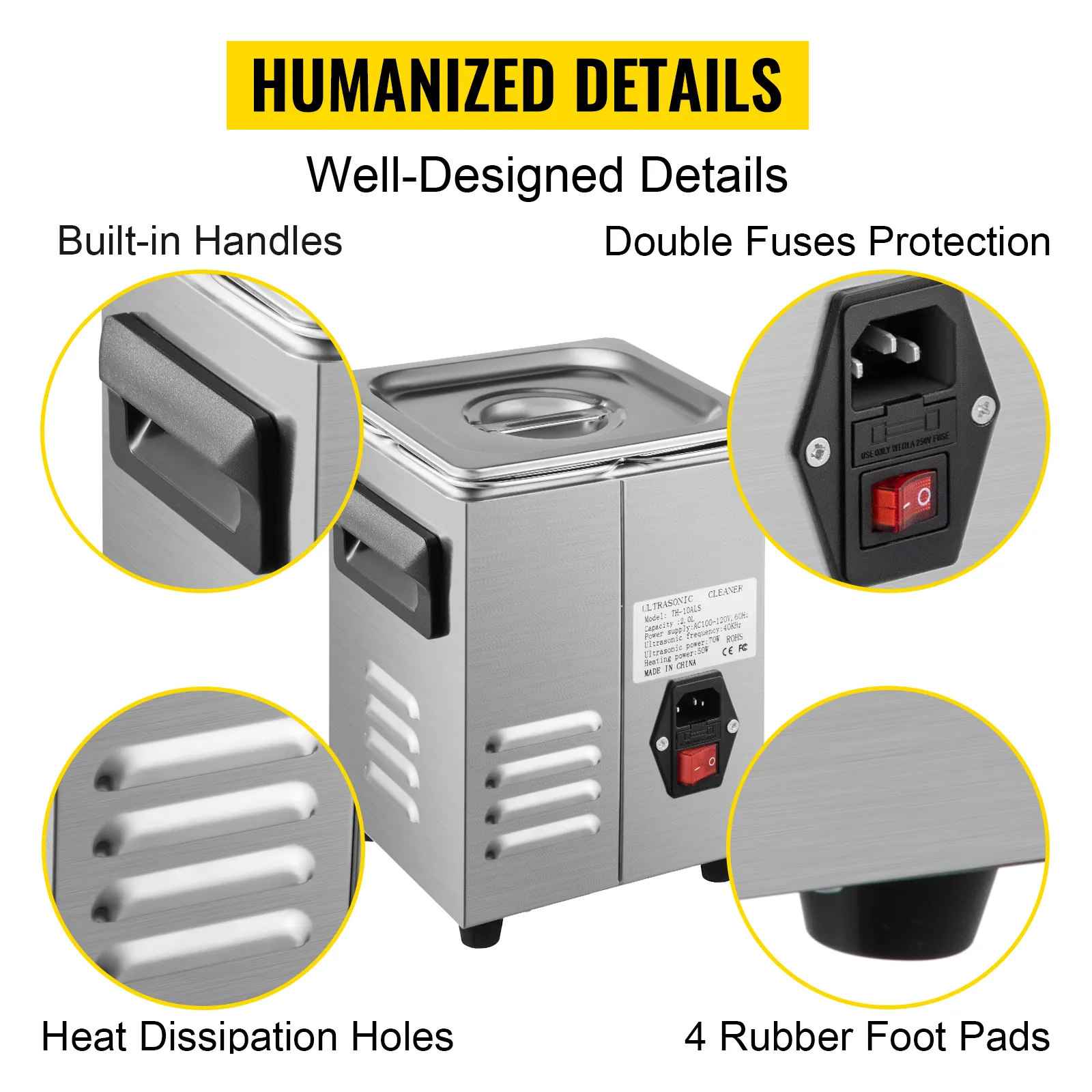 Limpiador ultrasónico VEVOR con asas integradas, orificios de disipación de calor y almohadillas de goma para los pies.