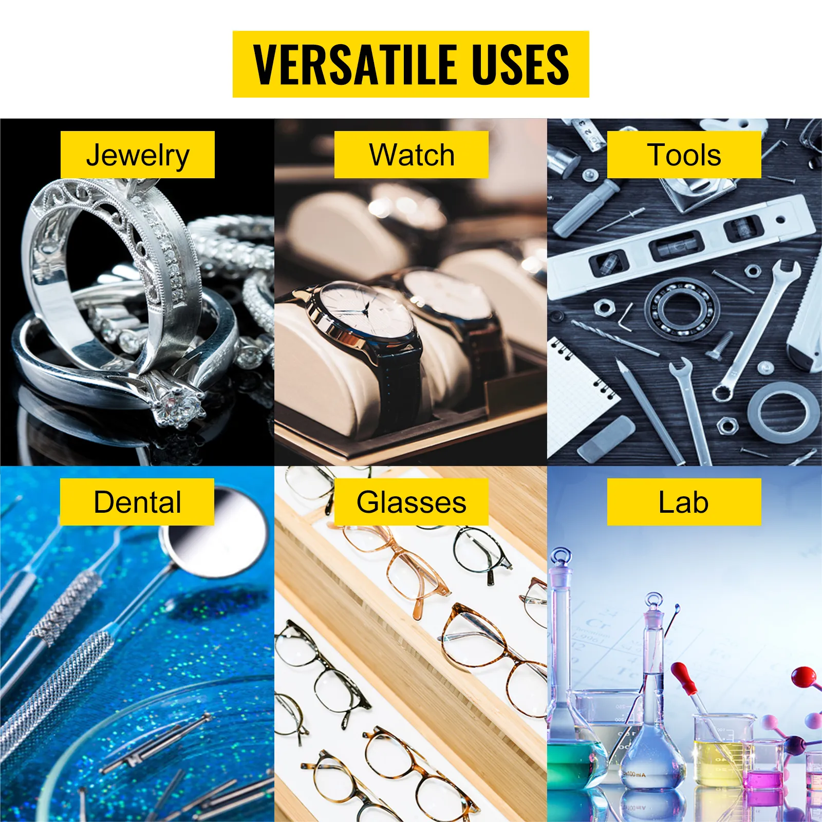 Usos versátiles del limpiador ultrasónico VEVOR para joyas, relojes, herramientas, odontología, gafas, laboratorio.