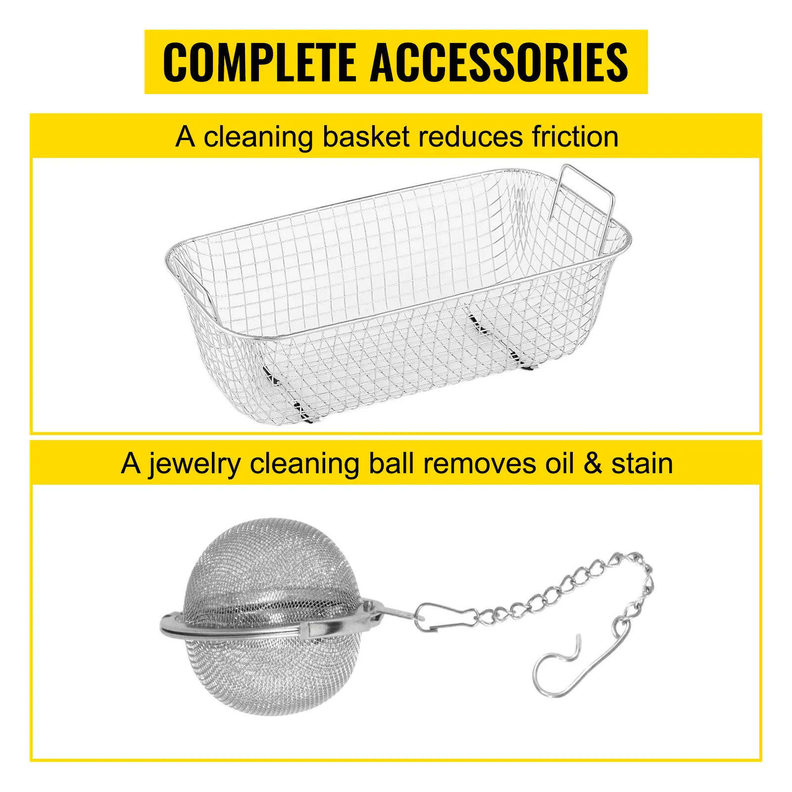 complete accessories for VEVOR ultrasonic cleaner, includes basket and jewelry cleaning ball.
