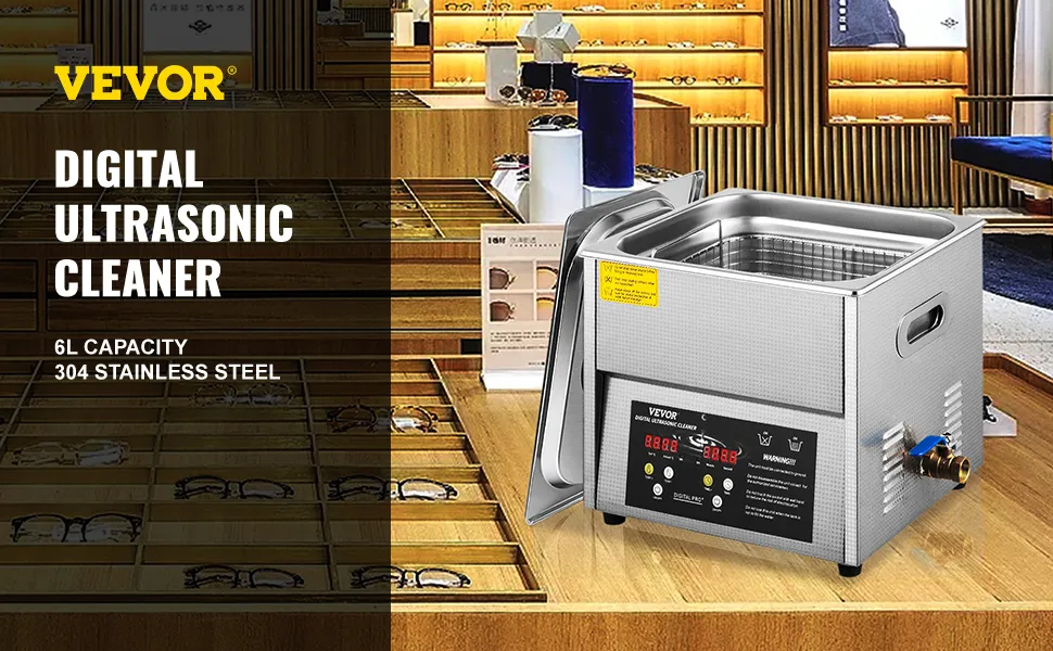 Limpiador ultrasónico digital VEVOR con capacidad de 6 l en un moderno entorno de exhibición.