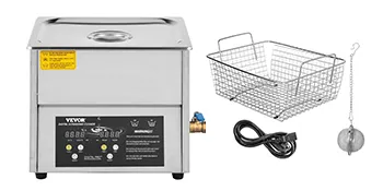 Limpiador ultrasónico digital VEVOR con cesta, cable y accesorio de limpieza en forma de bola.