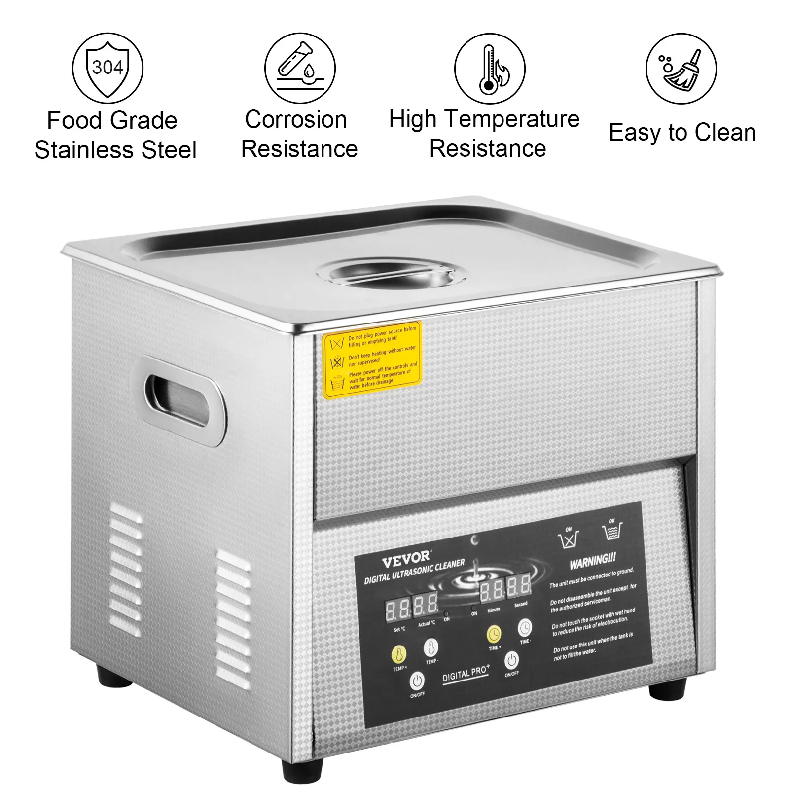 Limpiador ultrasónico digital VEVOR en acero inoxidable con panel de control.