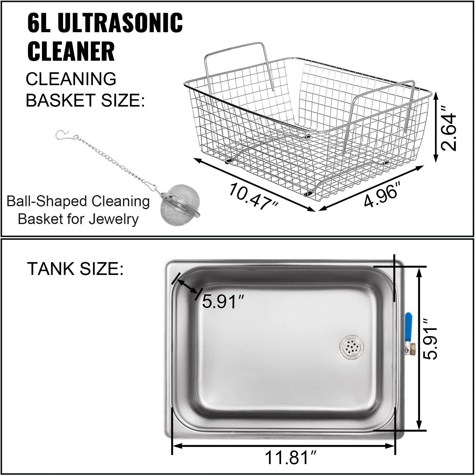 Limpiador ultrasónico digital VEVOR con tanque de 6l y dimensiones de cesta de limpieza de alambre.