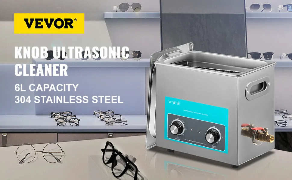 Limpiador ultrasónico VEVOR con capacidad de 6l para la limpieza de gafas y monturas.