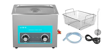 Limpiador ultrasónico VEVOR con panel de control, cesta de metal, manguera y cable de alimentación.