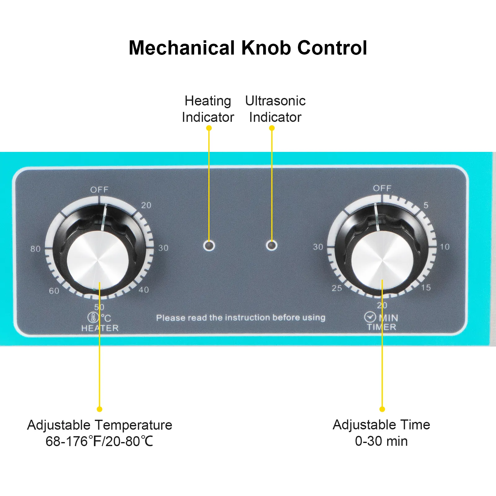 Panel de control con perilla mecánica del limpiador ultrasónico VEVOR que muestra los ajustes de temperatura y tiempo.