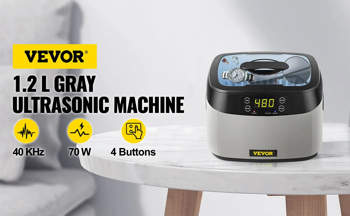 VEVOR ultrasonic cleaner 1.2l gray with 4 buttons on a white table.