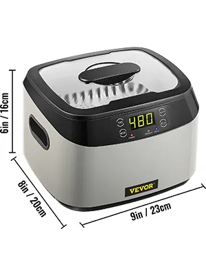 VEVOR ultrasonic cleaner with led timer display, dimensions shown in inches and cm.