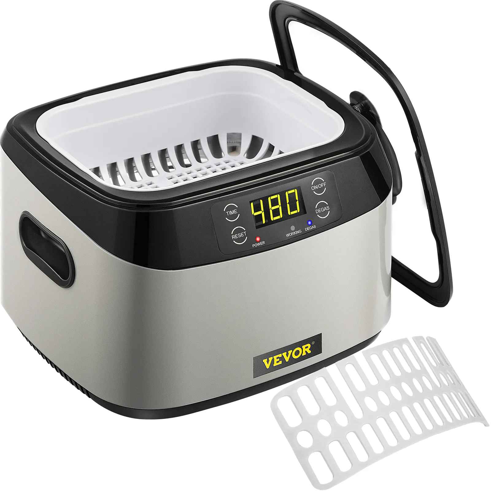 VEVOR ultrasonic cleaner with digital timer display, open lid, and removable basket.