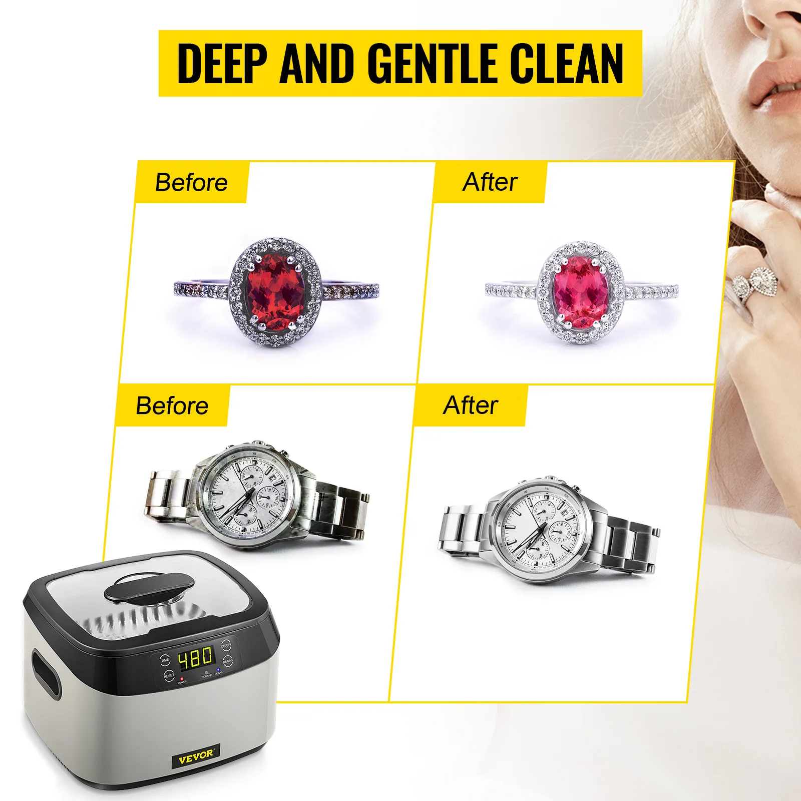 VEVOR ultrasonic cleaner: jewel and watch before-and-after cleaning results.