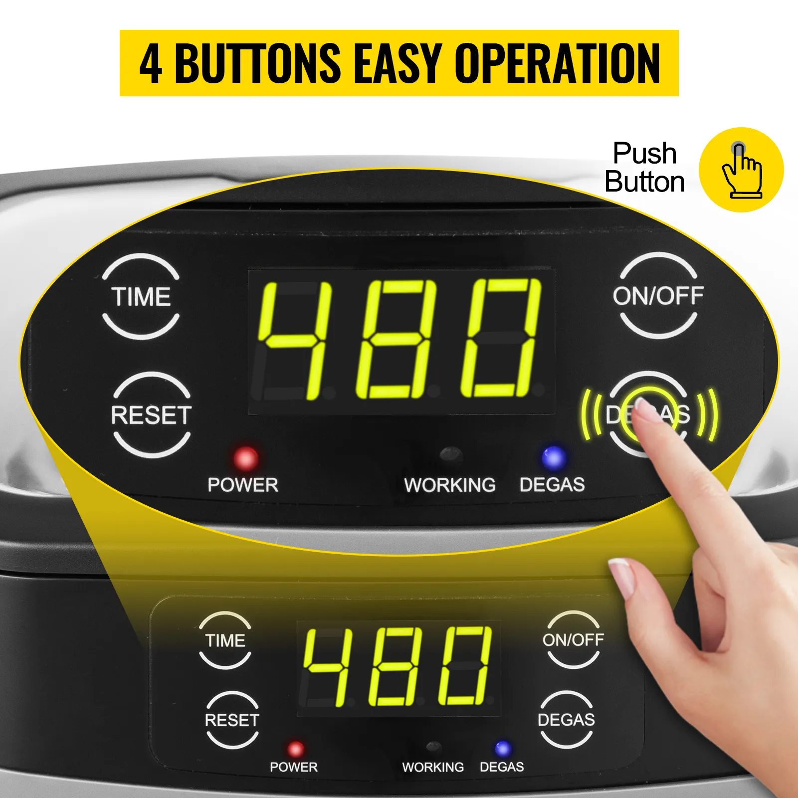 VEVOR ultrasonic cleaner control panel with four buttons and led display showing 480.
