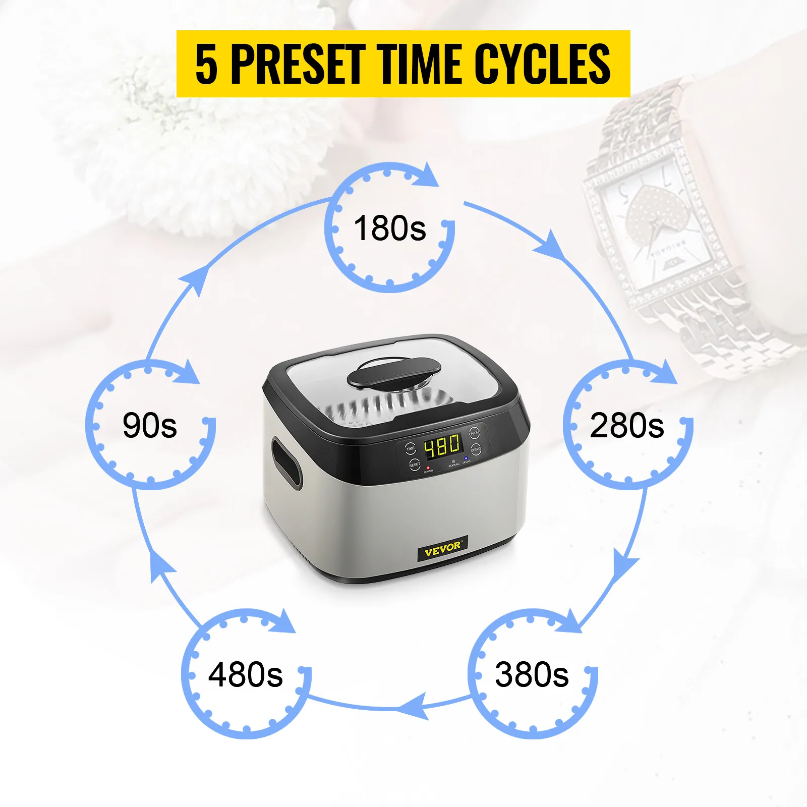 VEVOR ultrasonic cleaner with 5 preset time cycles: 90s, 180s, 280s, 380s, 480s.