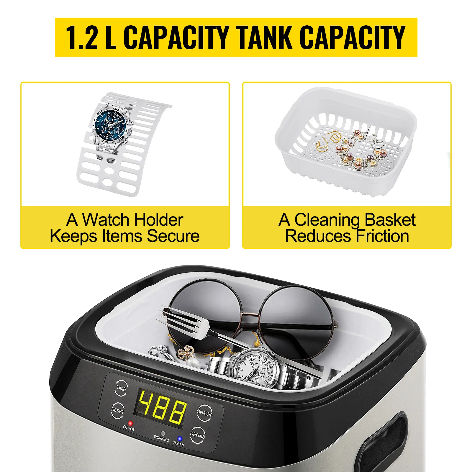 VEVOR ultrasonic cleaner with 1.2l tank, watch holder, and cleaning basket.