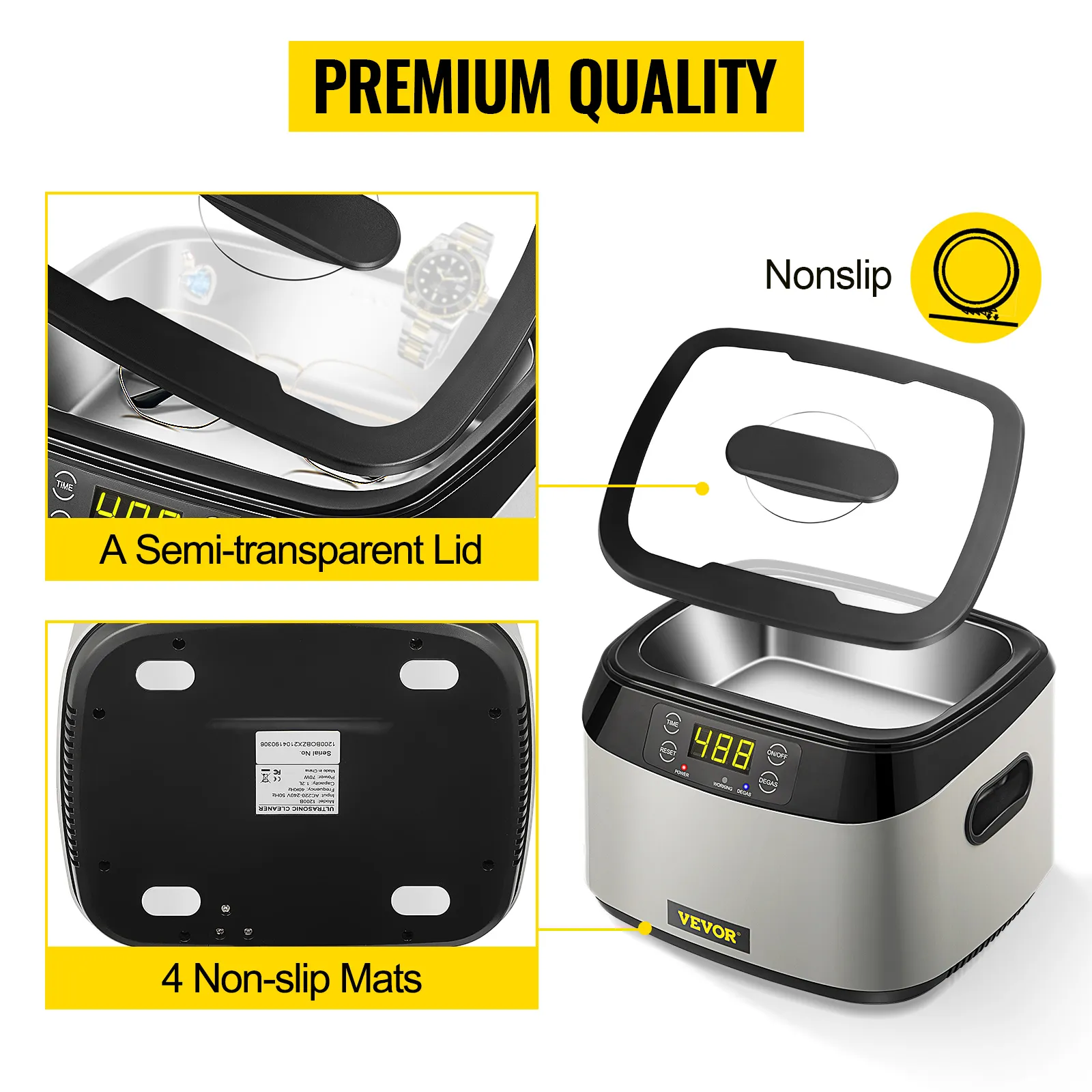 VEVOR ultrasonic cleaner features a semi-transparent lid and 4 non-slip mats for stability.