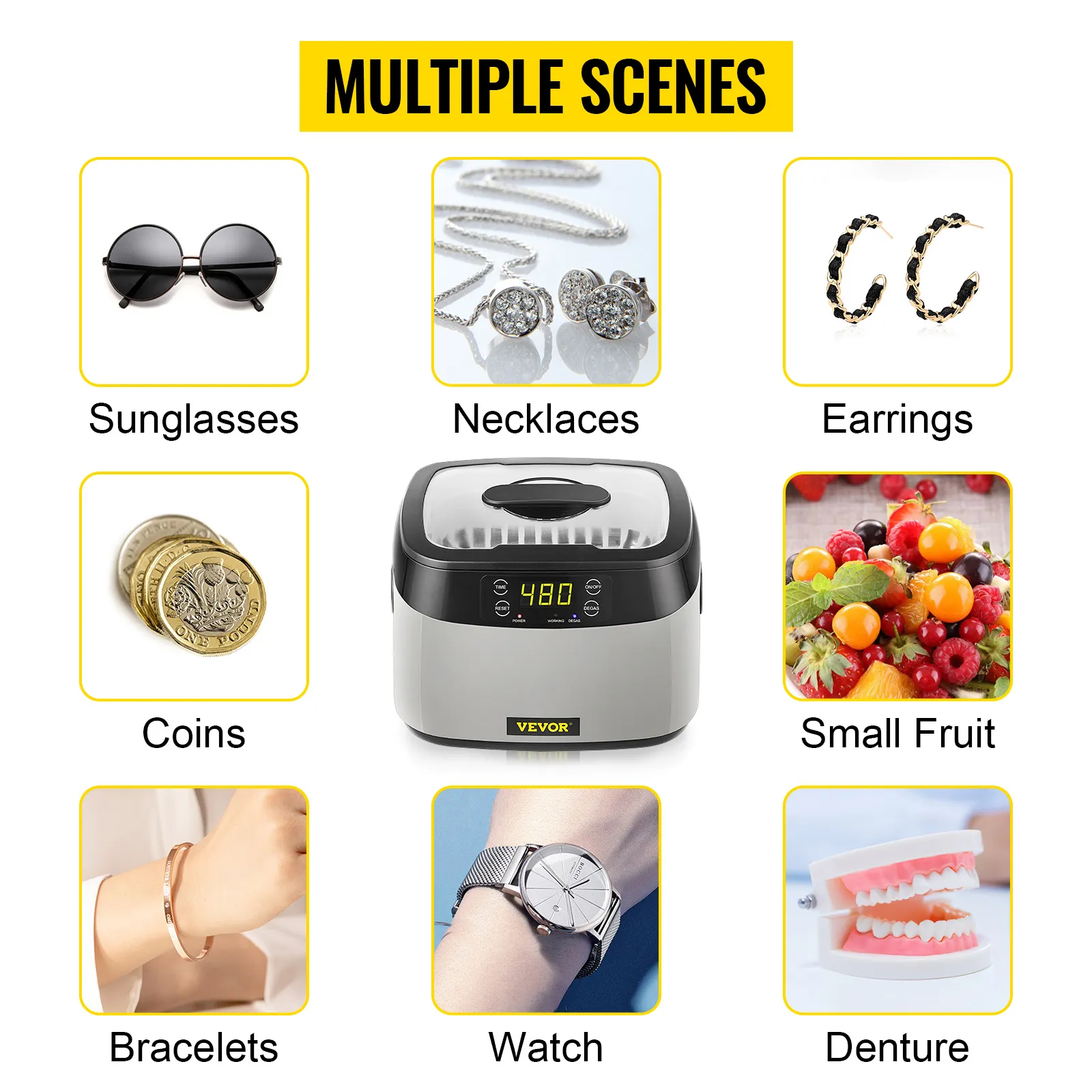 VEVOR ultrasonic cleaner for sunglasses, necklaces, earrings, coins, small fruit, bracelets, watch, denture.