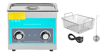 VEVOR ultrasonic cleaner with control knobs, basket, power cord, and drain tool.