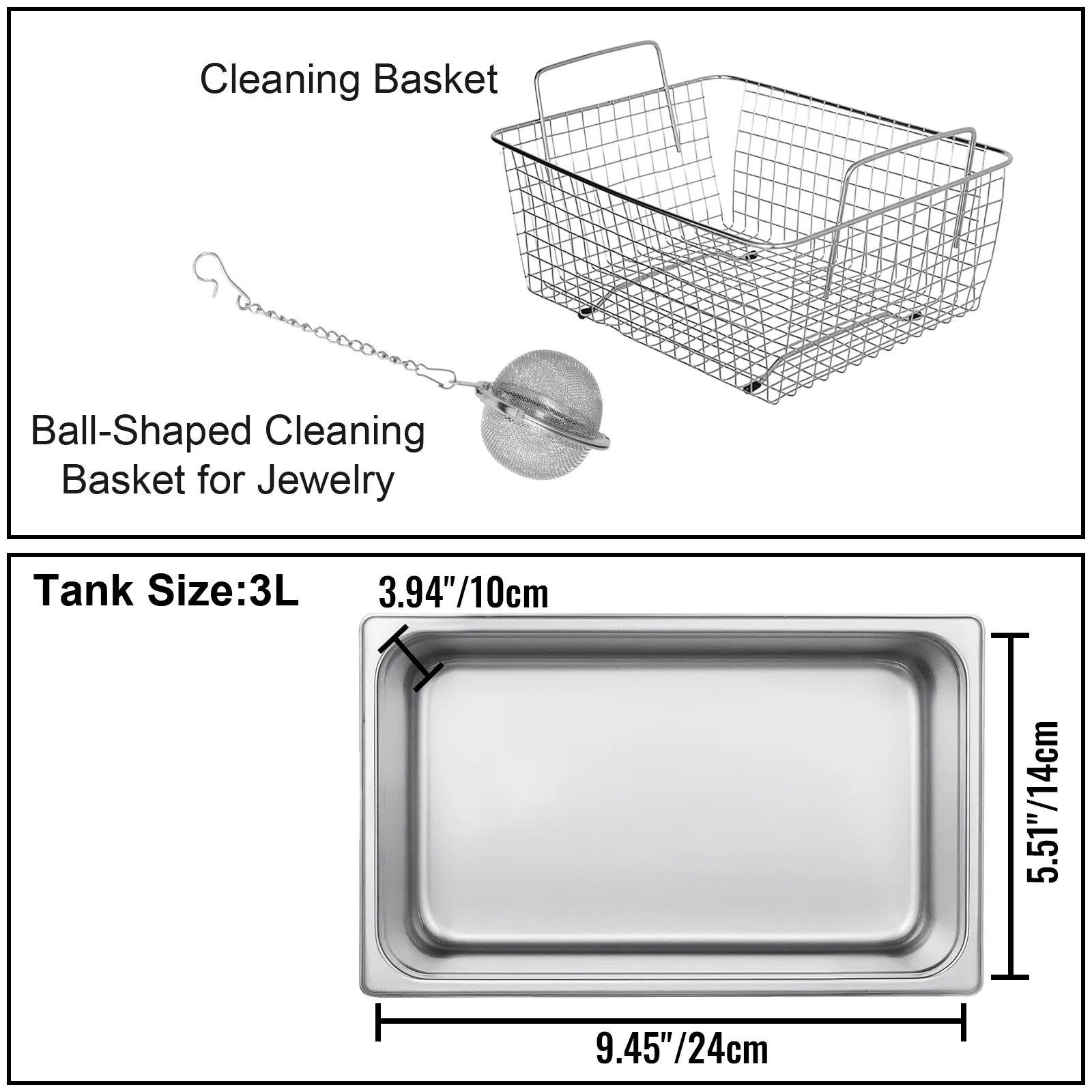 cleaning basket and ball-shaped jewelry cleaning basket, tank size 3l for VEVOR ultrasonic cleaner.