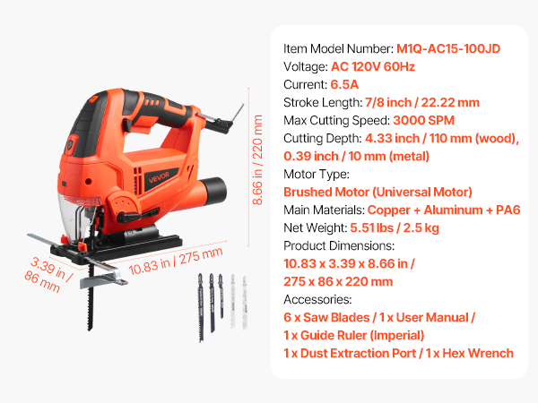 VEVOR Jig Saw, 6.5 Amp, 3000 SPM Blade Speed, Electric Jigsaw with