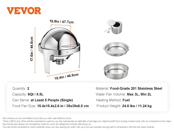 VEVOR roll top chafing dish made of stainless steel with 6qt capacity and dimensions of 18.8x18.4 inches.