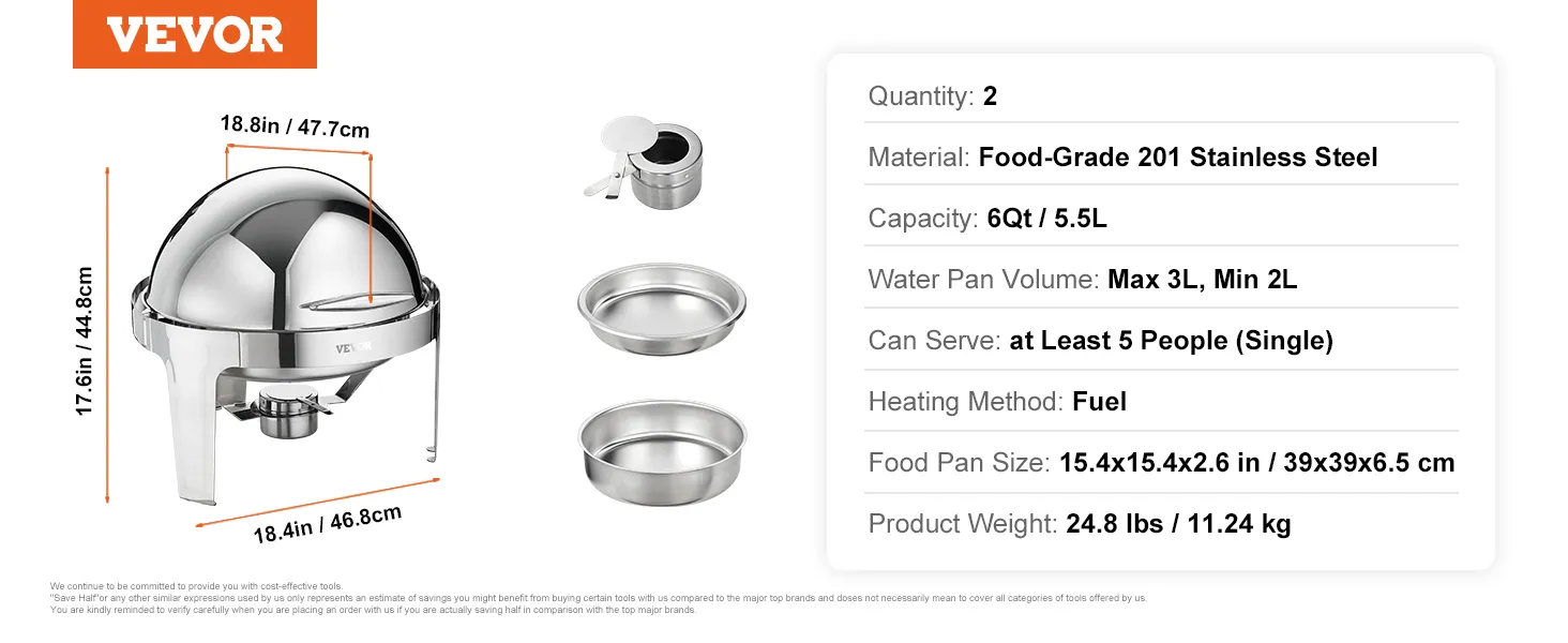 VEVOR roll top chafing dish made of stainless steel with 6qt capacity and dimensions of 18.8x18.4 inches.